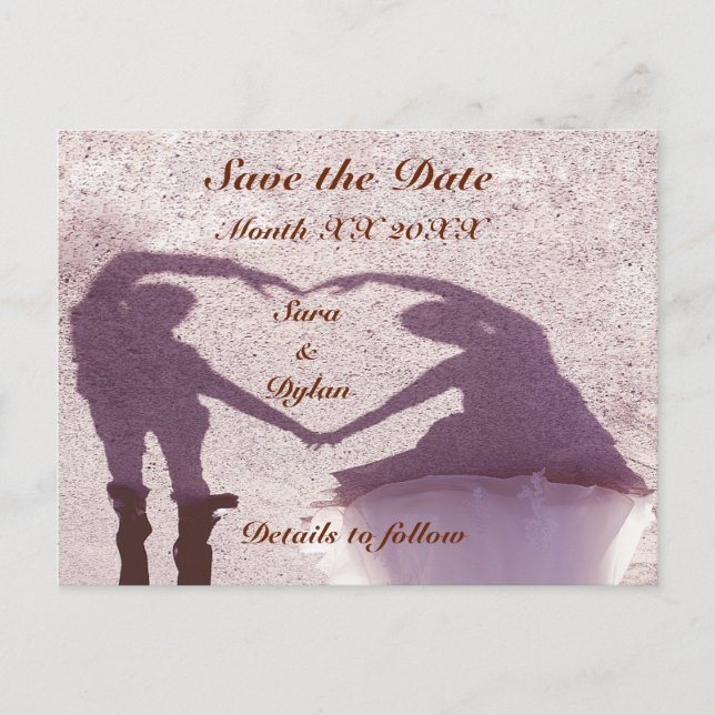 Bridal Couple Silhouette Heart Sand Save The Date Announcement Postcard (Front)