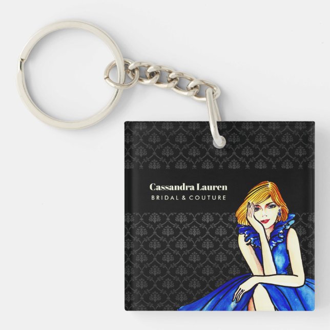 Bridal Dark Royal Blue Cocktail Gown Black Damask Key Ring (Front)
