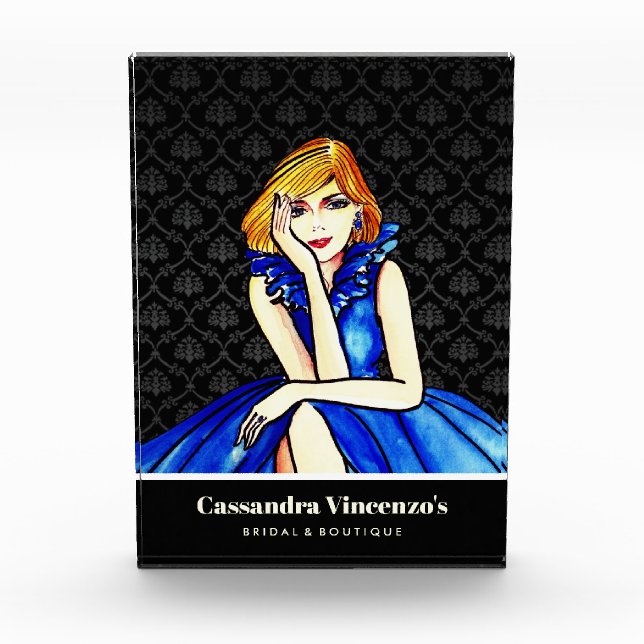 Bridal Dark Royal Blue Cocktail Gown Black Damask Photo Block (Front)