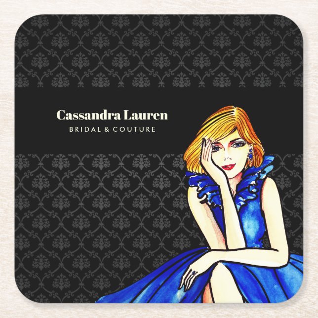 Bridal Dark Royal Blue Cocktail Gown Black Damask Square Paper Coaster (Front)