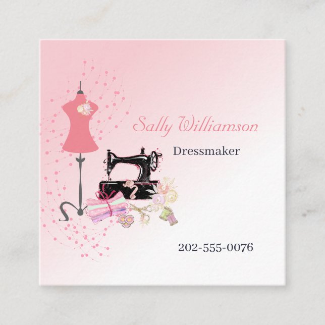 Bridal Dress Alterations Pink Square Business Card (Front)