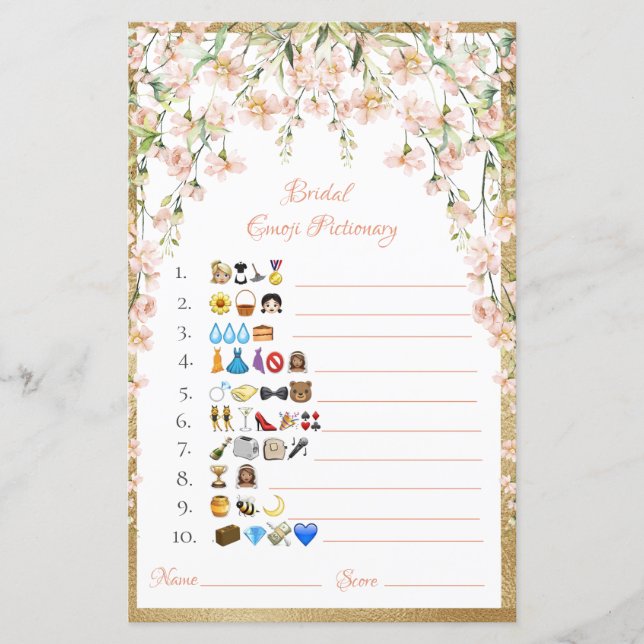 Bridal Emoji Pictionary Caucasian Game Paper Sheet (Front)