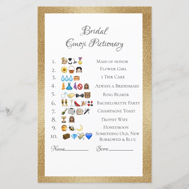  Bridal Emoji Pictionary Game Answers Paper Sheet (Front)
