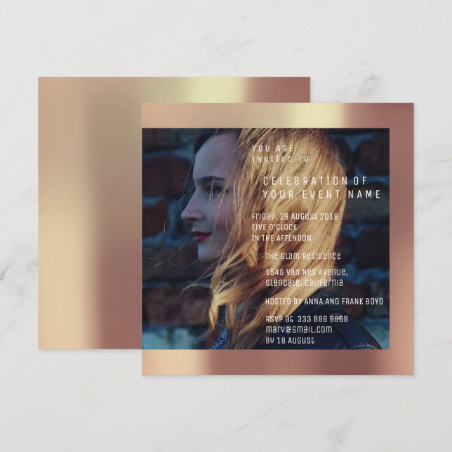 Bridal Foto Graduation Birthday Copper Metallic Invitation (Front/Back)