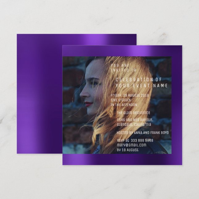 Bridal Foto Graduation Birthday Plum Metallic Invitation (Front/Back)