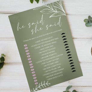 Bridal Game He Said She Said Sage Green Flowers