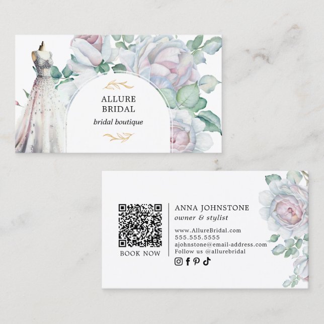 Bridal Gown Blooming Florals QR Code Business Card (Front/Back)