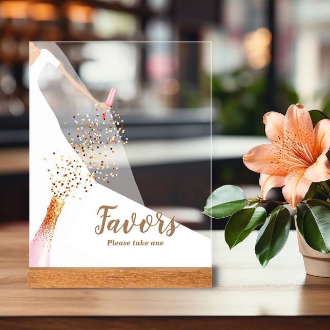 Bridal Gown Bridal Shower Favours Acrylic Sign (Bride in Gown with Champagne Bridal Shower Favors Clear  Acrylic Sign)