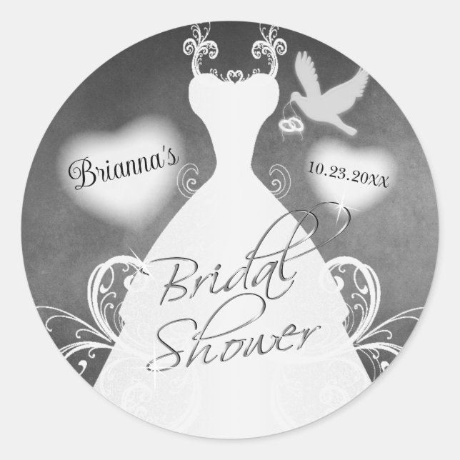 Bridal Gown on Chalkboard with Lace & White Dove Classic Round Sticker (Front)
