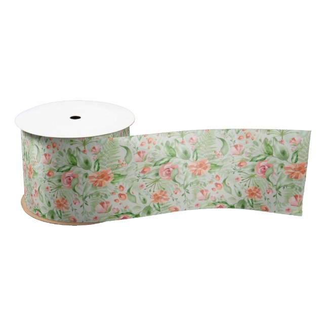 Bridal Green and Pink Tropical Flowers and Ferns  Satin Ribbon (Spool)