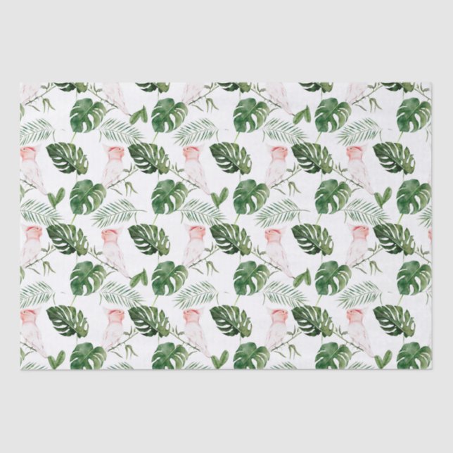 Bridal Green Watercolor Tropical Leaves Pink Bird  Tissue Paper (Front)