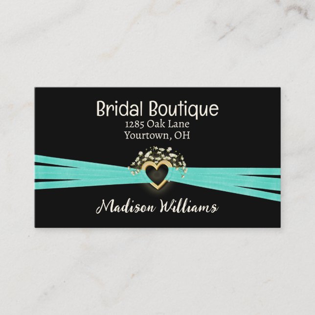 Bridal Heart and Aqua Ribbon  Business Card (Front)