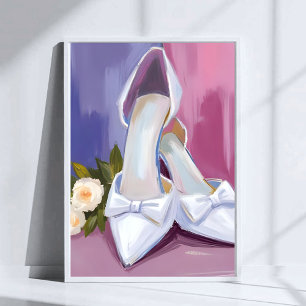 Bridal Heels   White Bow Rose Watercolor Wedding Poster