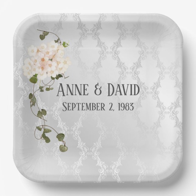 Bridal Hydrangea Bouquet on White Satin  Paper Plate (Front)