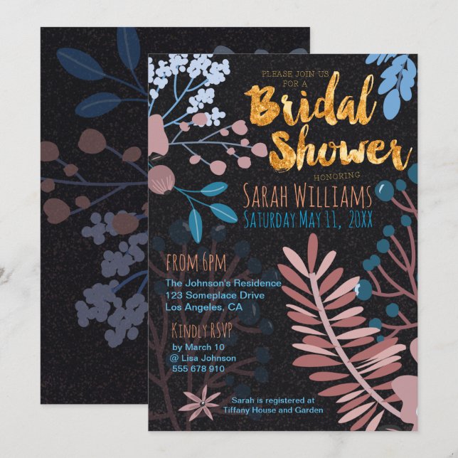 Bridal Invitation | Big Floral Rose Pink & Blue (Front/Back)