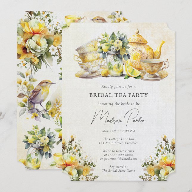 Bridal Lemon Tea Party Vintage Invitation (Front/Back)