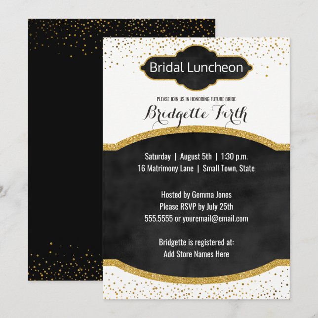 Bridal Luncheon | Black Gold Glitter Bridal Shower Invitation (Front/Back)