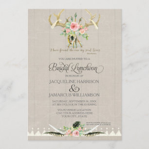 Bridal Luncheon BOHO Feather Deer Antler Roses Art Invitation