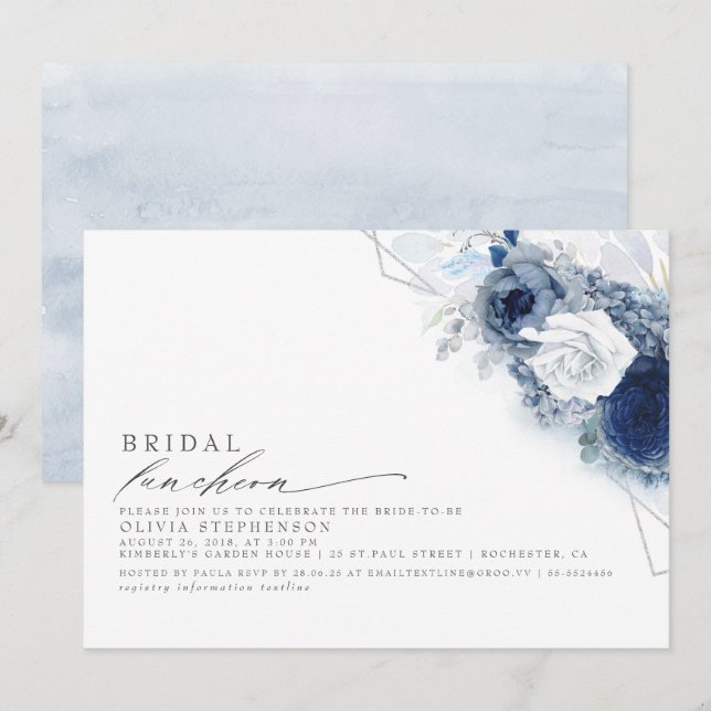 Bridal Luncheon Dusty Blue Floral Bridal Shower In Invitation (Front/Back)