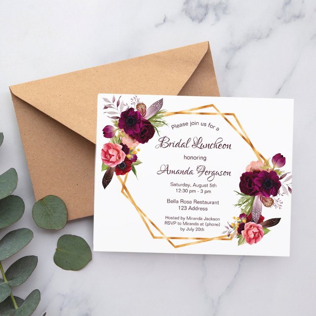 Bridal Luncheon flora burgundy invitation card (Creator Uploaded)
