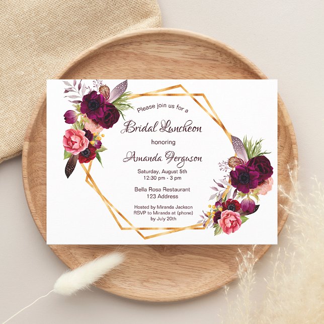 Bridal Luncheon floral geometric white burgundy Invitation (Creator Uploaded)