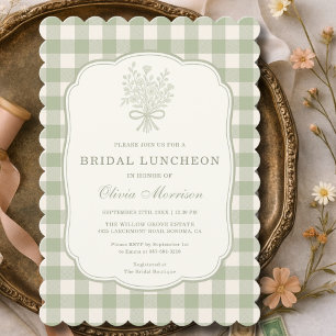  Bridal Luncheon Gingham Sage Green Floral Bow Invitation