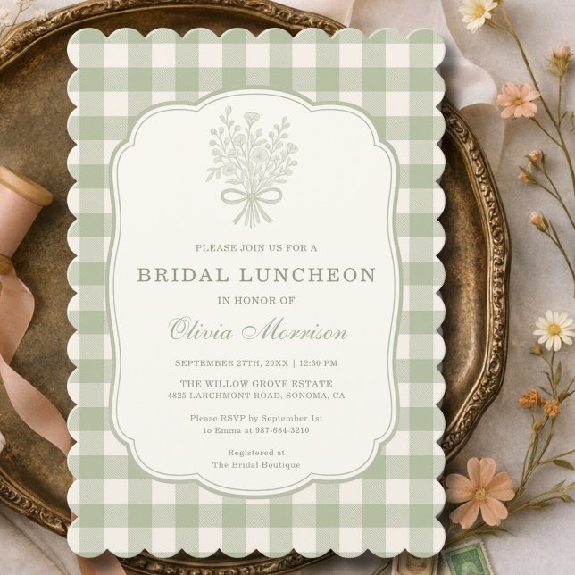  Bridal Luncheon Gingham Sage Green Floral Bow Invitation (Creator Uploaded)
