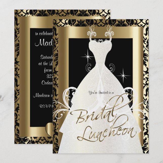 Bridal Luncheon in Black Damask & Metallic Gold Invitation (Front/Back)
