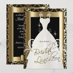 Bridal Luncheon in Black Damask & Metallic Gold Invitation