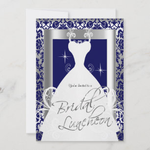 Bridal Luncheon in Navy Blue Damask & Silver Invitation