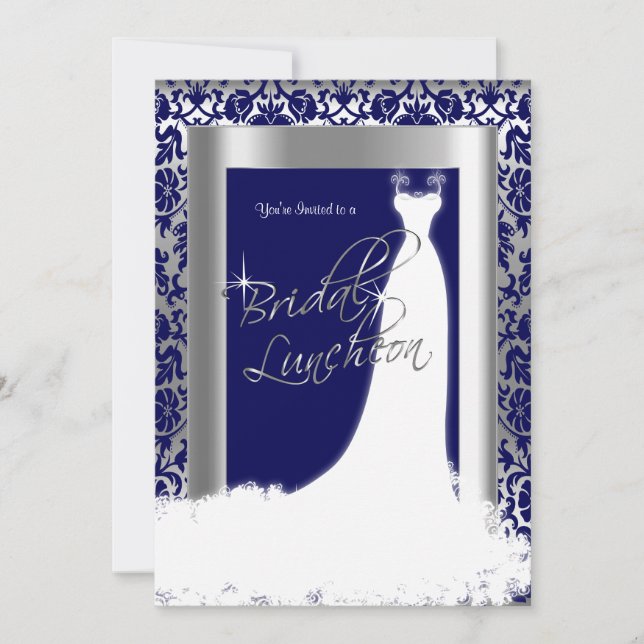 Bridal Luncheon in Navy Blue Damask & Silver Invitation (Front)