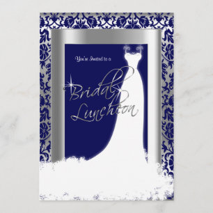 Bridal Luncheon in Navy Blue Damask & Silver Invitation
