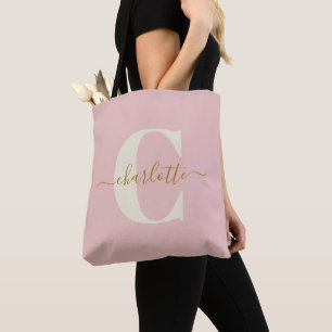 Bridal Party Blush Pink Gold Monogram First Name Tote Bag