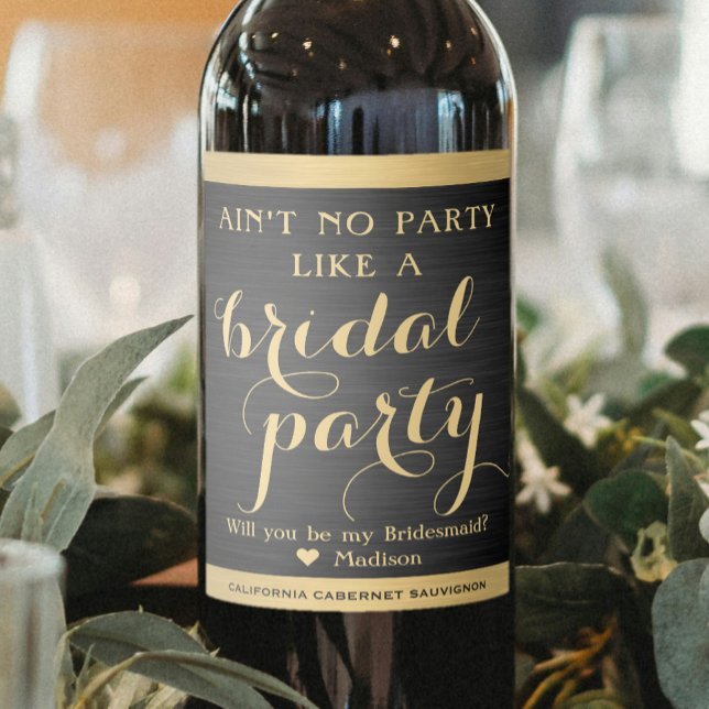 Bridal Party Bridesmaid Proposal Black and Gold Wine Label (Creator Uploaded)