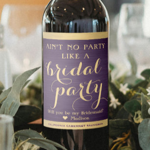 Bridal Party Bridesmaid Proposal Purple and Gold Wine Label