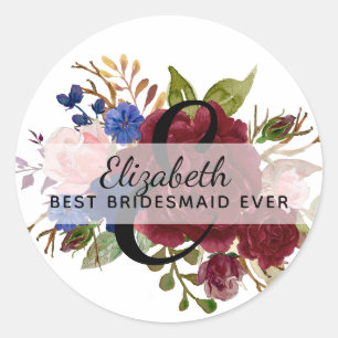 Bridal Party Bridesmaids Gift Burgundy Blue Named Classic Round Sticker
