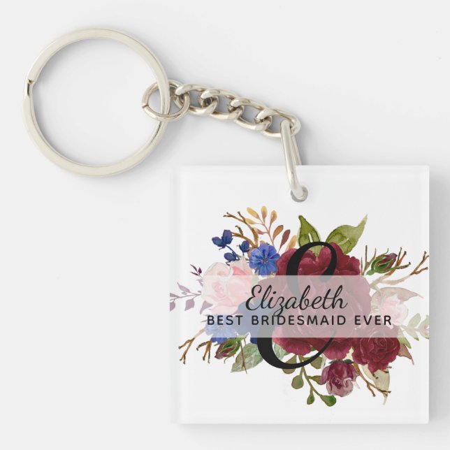 Bridal Party Bridesmaids Gift Burgundy Blue Named Key Ring (Front)