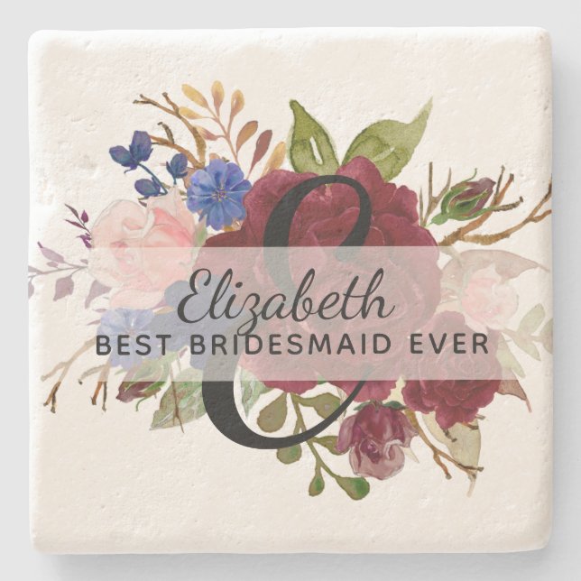 Bridal Party Bridesmaids Gift Burgundy Blue Named Stone Coaster (Front)