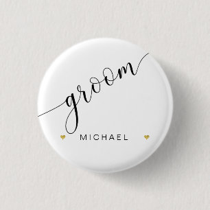 Bridal Party Groom Script Simple Modern Gold Heart 3 Cm Round Badge