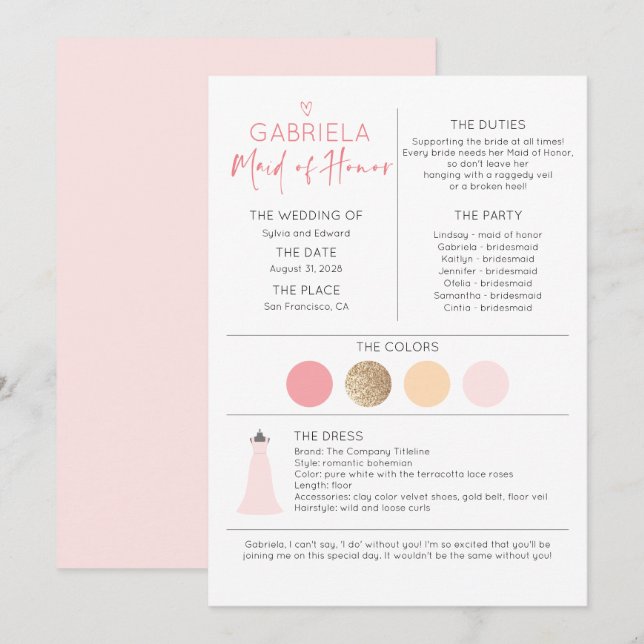 Bridal Party Maid of Honour Proposal & Information (Front/Back)