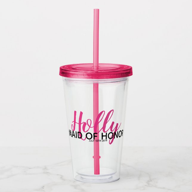 Bridal Party Name Pink Maid Of Honour Bottle Acrylic Tumbler (Front)
