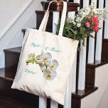 Bridal Party Orchids Wedding Gift Tote Bag<br><div class="desc">Maid of honour gift tote bag with white orchids design. Create for all members of the bridal party, with her title at the top and name under the stem of orchids. Swirling, elegant script is blue-green colour. The budget tote bag has optional handle colours and is affordable, with discounts for...</div>