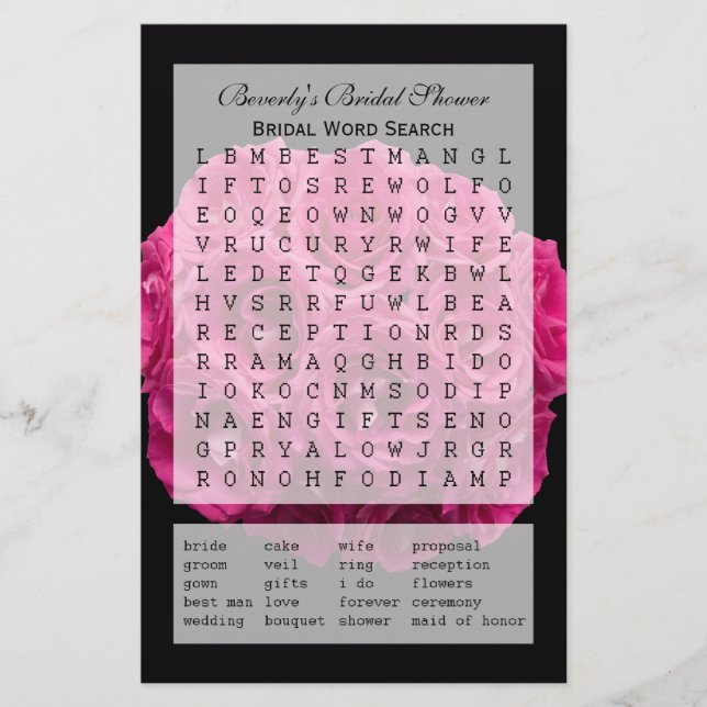 Bridal Party Shower Word Search Game - Roses (Front)