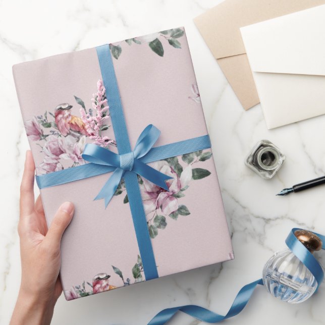 Bridal Pink Watercolor and Birds on Pink   Wrapping Paper (Gifting)