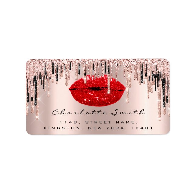 Bridal RSVP Kiss Rose Red Lips Pink Glitter Makeup Label (Front)
