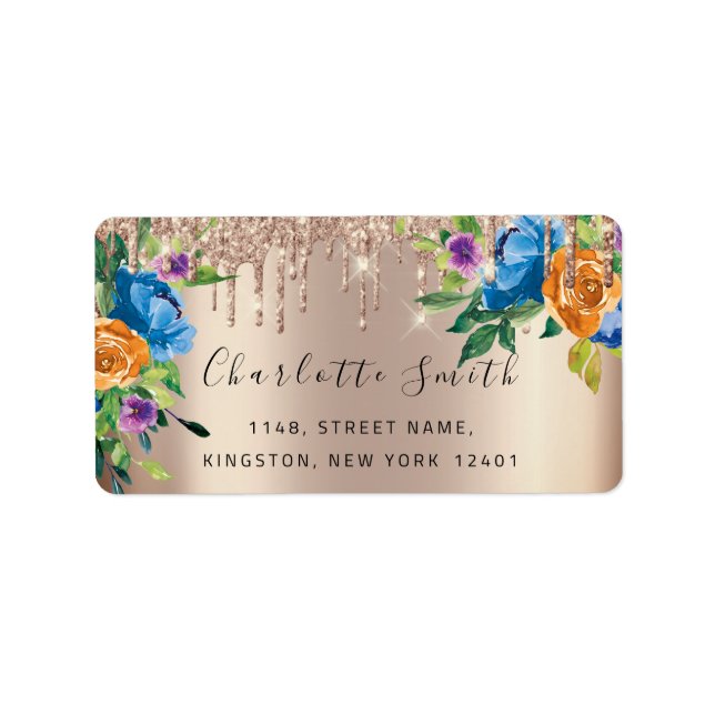 Bridal RSVP Wedding Drips Navy Floral Rose Gold Label (Front)