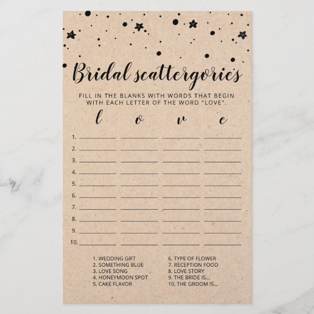 Bridal Scattergories editable game Bridal Shower (Front)