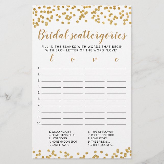 Bridal Scattergories editable game Bridal Shower (Front)