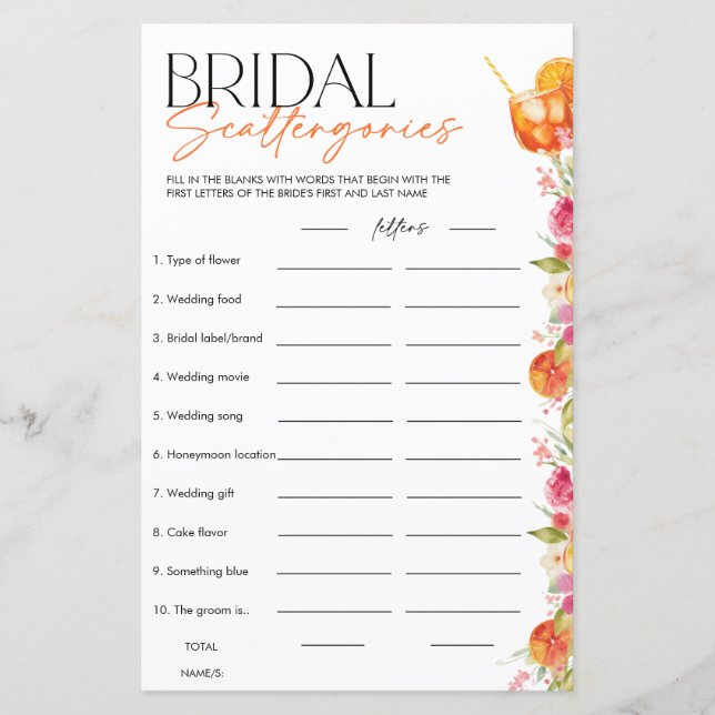 Bridal Scattergories Spritz Bridal Shower Game (Front)