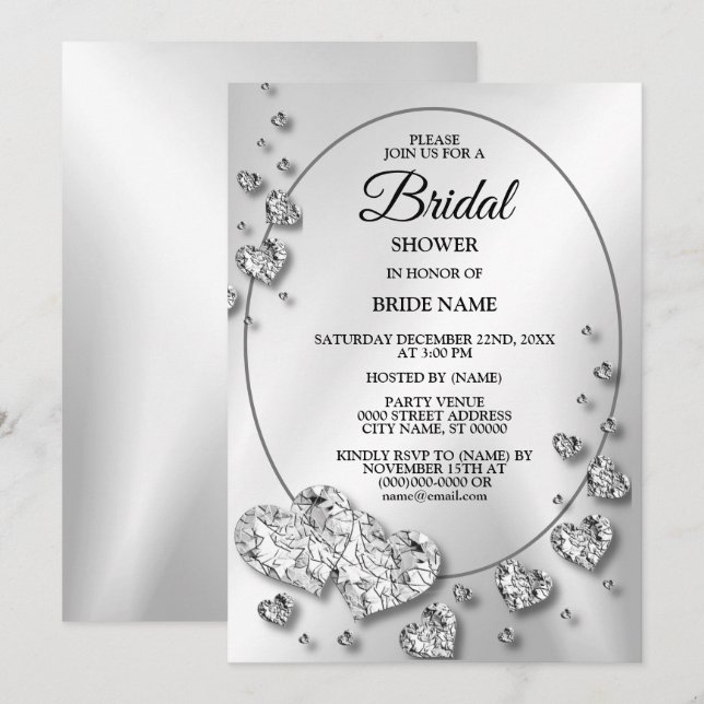 Bridal Show Party Silver Grey Shiny Hearts Elegant Invitation (Front/Back)